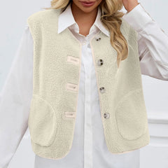 Cyflymder Women Fuzzy Lambswool Vest Winter Buttons Up Sleeveless V-Neck Waistcoats Fleece Warm Solid Color Loose Casual Outwear Jackets