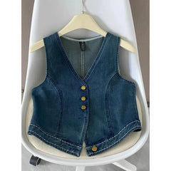 Cyflymder American Retro Denim Vest Female Stacked Sleeveless Vest