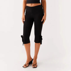 Cyflymder Women Bow Tie Up Skinny Capri Leggings Knee Length Capris Pants Sexy Stretchy Slim Fit Cropped Trousers