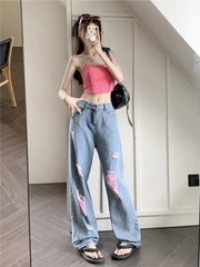 Cyflymder Hot Girl Torn Jeans Women's Summer High Waisted Pink Ripped Loose Draped Demin Wide Leg Pants Fashion Casual Female Clothes