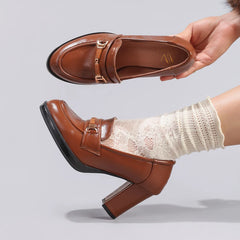 Cyflymder Big Size 43 Vintage Brown Slip On Pumps Women Shoes Classic Square High Heels Office Lady Loafers Retro Shoes