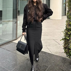 Cyflymder Sexy Black Front Slit Midi Pencil Skirt Women Spliced High Waist Package Hips Skirts
