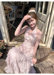 Cyflymder French Lace V-neck Halter Neck Camisole Top High Waisted Cake Skirt Two-piece Set for Women