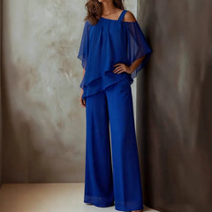 Cyflymder Batwing Sleeve Chiffon Two Piece Set One Sleeve Asymmetric Hem Half Sleeve Blouse and Wide Leg Loose Pant Matching Set Summer