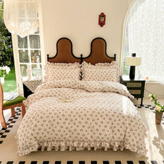 Cyflymder 4Pcs Korean Princess Style Ruffles Floral Bedding Set Skin-friendly Soft Comfortable Duvet Cover Bed Skirt Bedspread Pillowcases