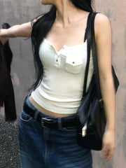 Cyflymder Casual Solid Pockets Camis Top Sexy Slim Slash Neck Sleeveless Tank Toops Women 2024 Summer Fashion Streetwear Ladies