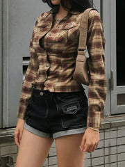 Cyflymder Y2k American Retro Sexy Slim Plaid Streetwear Single Breasted All Match Pockets Women Shirt