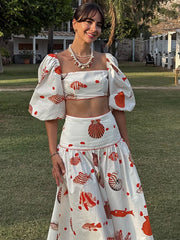 Cyflymder Off Shoulder Puff Short Sleeve Printed Top Cropped High Waist Long Skirt Summer Vacation Women Top Trendy Chic Lady Blouse
