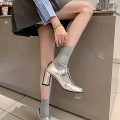 Cyflymder Fashion Janes Women's High Heels Concise Dress Pumps High Chunky Heels Buckle Strap