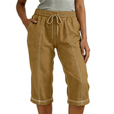 Cyflymder Women's Color Blocking Capri Pants Drawstring High Waist Cropped Trousers With Pockets Casual Loose Fit Summer Beach Trousers