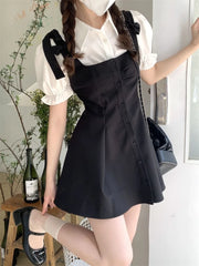 Cyflymder Kawaii Preppy Style Suit Black Slip Dress White Blouse Spring Sweet Korean Fashion Femle Outfit Women Elegant Two Pieces