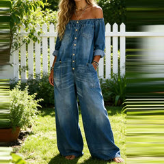 Cyflymder Vintage Long Sleeve Pocket Rompers Elegant Lady High Waist Wide Leg Playsuits Fashion Design Style One-shoulder Denim Jumpsuits