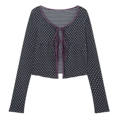 Cyflymder Polka Dot Lace-up Cardigan Women Korean Chic Sweet Contrast Color Slim Fit Crop Top Autumn Y2k Long Sleeve T-shirts Ins