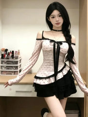 Cyflymder Japanese Style Sweet High Street Y2K Suit Women's Bowknot Polka Dot Tops + Skinny Black Dress New Chic Party Lovely Outfits 2026