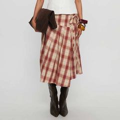 Cyflymder Women Vintage Plaid Midi Skirt Stylish Irregular Hem Bow Tie Pleated Skirts Preppy Cute Y2k Gingham A Line Skirt