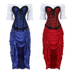 Cyflymder Corset 3 Piece Outfits for Women Steampunk Renaissance White Blouse Set Carnival Party Lace Up Boned Bustiers with Pirate Skirt