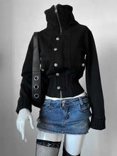 Cyflymder Y2K Women Gothic Corset Waist Cropped Jacket Zip Up Button Decor High Neck Long Sleeve Black Coat Vintage Punk Harajuku Surcoat