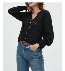 Cyflymder Elegant White Floral Lace Blouses Shirts For Women Boho Long Sleeve Sexy V Neck Vintage Ladies Tops Casual Blouse Shirt Blusas