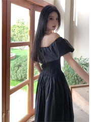 Cyflymder Black Square Collar Ruffle Dress Women New French High-end Slim-fit Elegant Long Dress vestidos de mujer elegantes para fiesta