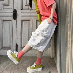 Cyflymder Summer Women's Unisex Multiple Pockets Street Cargo Shorts Young Girl Casual Bottom Female Loose Capris Calf-length Pants