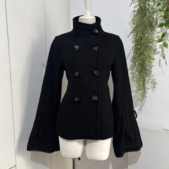 Cyflymder Women's Y2K wool blend cropped jacket stand collar asymmetrical button fastening solid black slim fit style autumn and winter