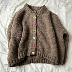 Cyflymder Women Y2K Brown Cropped Knit Cardigan Crew Neck Colorful Buttons Long‑Sleeve Loose Soft Knitted Sweater Casual Outerwear