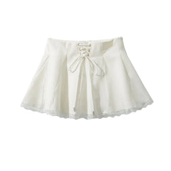 Cyflymder Holiday Front Cross Lacing up Bandage Bow Zipper Waist Mini Skirt Women White Spliced Lace Hem Ruched Swing A-lined Skirts Black