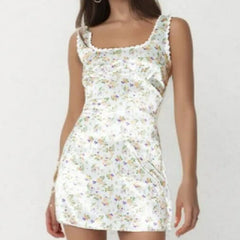 Cyflymder Sexy Satin Flower Print Spliced Lace Square Collar Mini Tank Dress Women Slim Waist A-Lined Sleeveless Short Robe Holiday