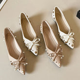 Cyflymder Comfort Soft Leather PU Pointed Toe Flat Shoes Women Pearl Rivet Bowknot Design Elegant Dress Pumps Concise Lightweight Loafers