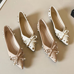 Cyflymder Comfort Soft Leather PU Pointed Toe Flat Shoes Women Pearl Rivet Bowknot Design Elegant Dress Pumps Concise Lightweight Loafers