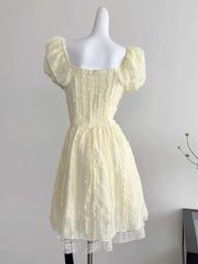 Cyflymder Sweet Slim Yellow Dress Women Elegant Vintage Square Collar Mini Dress French Retro Puffy Sleeve Lace Patchwork Vestidos