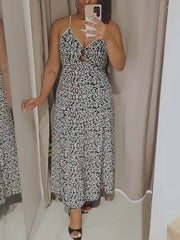 Cyflymder Women's Floral Print V-Neck Midi Camisole Dress Sleeveless Backless Lace-Up Waist Cinching Autumn Fashionable Dress