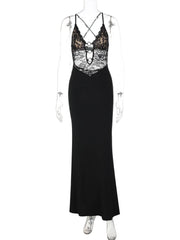 Cyflymder Black Lace Mesh Maxi Dress for Women Sexy Metal Circle Cut Out Deep V Neck Sleeveless Criss Cross Back Bodycon Party Dress