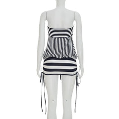 Cyflymder Lace Up Ribbon Stripe Print Strapless Bodycon Mini Dress Women Fashion Sexy Sleeveless Backless Patchwork Wrap Hip Slim Clubwear