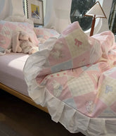 Cyflymder Cute sweet pink blue rabbit bow cake bedding set,twin full queen lovely kawaii cotton home textile sheet pillow case quilt cover