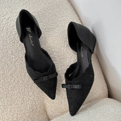 Cyflymder Low Heel Pumps Woman Height Increase 5CM Lace Bow Breathable Hollow Single Shoes Women's New Retro Mesh Pointed Flat Shoes