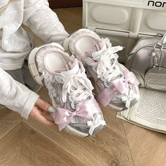 Cyflymder Women Y2K Kawaii Platform Mule Sneakers Sweet Lace Satin Bowknot Chunky Thick Sole Slip On Backless Dad Shoes Harajuku Lolita