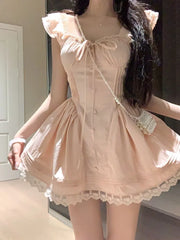 Cyflymder Sweet Dresses Women Flying Sleeve Lace Patchwork Square Collar Slim Bandage French Style Spring Summer Elegant Dress