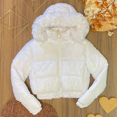 Cyflymder Y2K Women White Cropped Puffer Jacket Faux Fur Hood Zipper Long Sleeve Short Padded Coat Winter Warm Streetwear Outerwear