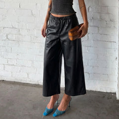 Cyflymder Women's Black Faux Leather Wide Leg Culotte Pants Low Waisted With Drawstring Punk Loose Fit Autumn Winter Streetwear Style Chic