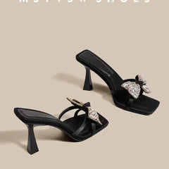 Cyflymder Fashion Bowknot Luxury High Heels Slippers Women Slip on Open Toe Summer Slippers Woman Stiletto Heels Party Shoes 54989