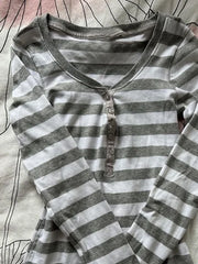 Cyflymder Vintage Stripe T-shirt Slim Y2k Punk Goth Woman Clothes Button Crop Top Streetwear Harajuku Long Sleeves Fashion High Street 90s