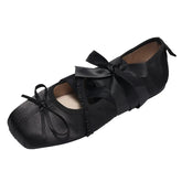 Cyflymder Women Satin Ballet Flats Sweet Bow Lace‑Up Mary Jane Shoes Square Toe Soft Ballerina Pumps Daily Party Dating Ladies Casual