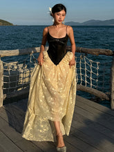 Cyflymder Patchwork Jacquard Split Dress Women Bow Lace-Up Mesh Low Chest Fairycore Birthday Beach Vocation Skinny Long Bodycon