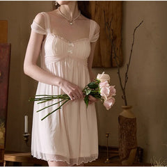 Cyflymder French Retro Style Shoulder Strap Modal Mesh Suspender Nightdress with Chest Pad Thin Waist Design Fairy Pajamas