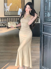 Cyflymder Elegant Gold Sleeveless Long Dress V-Neckline Events Evening Parties Luxurious woman dresses Hot Sexy Flowy Clothing