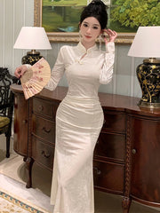 Cyflymder White Jacquard Velvet Long Sleeve Midi Dress Women Luxury Elegant Cheongsam Dress Autumn Winter Korean Bodycon Party Dress