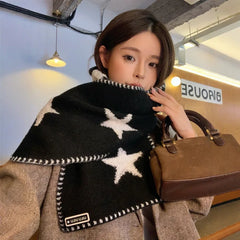 Cyflymder Korean Style Star Knit Scarf for Women Winter Warm Neck Wrap Fashion Streetwear Versatile Locked Edge Neck Scarf
