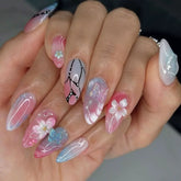 Cyflymder 24pcs Pink Flower Almond Press on Nails Summer False Nails Wearable Stick-on Nails Fake Nail Uñas Postizas Накладные Ногти 네일팁