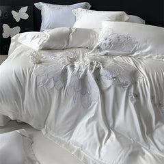 Cyflymder Luxury Butterfly Embroidery Bedding Set 1000TC Lyocell Cotton Soft Silky Duvet Cover Set Flat/Fitted Bed Sheet Pillowcases 4Pcs
